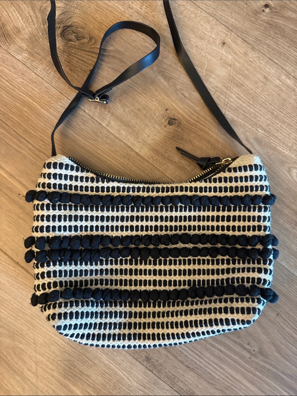 H&M Black and Cream Woven Pom-Pom Crossbody